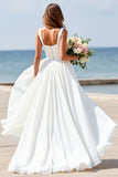 White A Line Square Neck Sweep Train Boho Wedding Dress