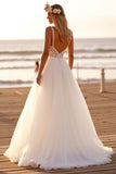 White Tulle Spaghetti Straps A Line Sweep Train Boho Wedding Dress with Lace