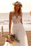 White Tulle Spaghetti Straps A Line Sweep Train Boho Wedding Dress with Lace
