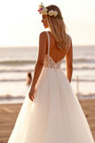 White Tulle Spaghetti Straps A Line Sweep Train Boho Wedding Dress with Lace