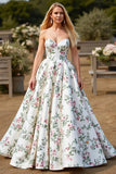 White Floral Sweetheart A Line Sweep Train Wedding Dress