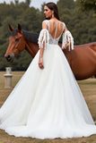 White Tulle A Line Sweep Train Boho Wedding Dress with Lace