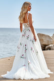 White Tulle Floral A Line Sweep Train Boho Wedding Dress with Appliques