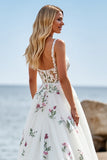White Tulle Floral A Line Sweep Train Boho Wedding Dress with Appliques