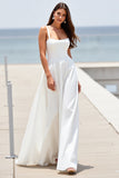 White Square Neck A Line Sweep Train Boho Wedding Dress