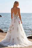 White Tulle Embroidered A Line Spaghetti Straps Boho Sweep Train Wedding Dress