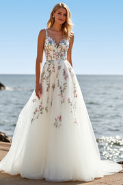 White Tulle Embroidered A Line Spaghetti Straps Boho Sweep Train Wedding Dress
