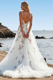 White Tulle Embroidered A Line Spaghetti Straps Boho Sweep Train Wedding Dress