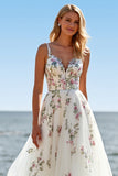 White Tulle Embroidered A Line Spaghetti Straps Boho Sweep Train Wedding Dress