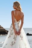 White Tulle Embroidered A Line Spaghetti Straps Boho Sweep Train Wedding Dress