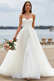 White Tulle A Line Sweetheart Sweep Train Boho Wedding Dress
