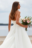 White Tulle A Line Sweetheart Sweep Train Boho Wedding Dress