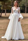 White A Line Flare Sleeves Sweep Train Boho Wedding Dress with Appliques