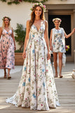 White FLoral V-Neck A Line Sweep Train Wedding Dress