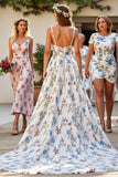 White FLoral V-Neck A Line Sweep Train Wedding Dress