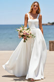 White A Line Square Neck Boho Sweep Train Wedding Dress