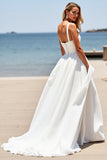 White A Line Square Neck Boho Sweep Train Wedding Dress
