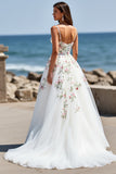 White Tulle Floral V-Neck Boho Sweep Train Wedding Dress