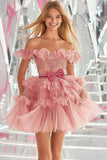 Sparkly Blush A Line Tiered Tulle Short Cocktail Dress with Bow