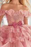 Sparkly Blush A Line Tiered Tulle Short Cocktail Dress with Bow