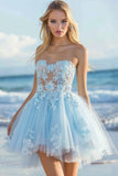 Sky Blue A Line Tulle Strapless Short Cocktail Dress with Appliques