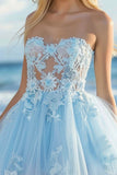 Sky Blue A Line Tulle Strapless Short Cocktail Dress with Appliques
