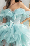 Sparkly Light Green A Line Off the Shoulder Beaded Short Cocktail Dress