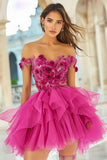 Fuchsia Floral A Line Off the Shoulder Short Cocktail Dress