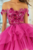 Fuchsia Floral A Line Off the Shoulder Short Cocktail Dress
