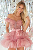 Sparkly Blush A Line Tiered Off The Shoulder Mini Cocktail Dress with Beading
