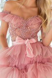 Sparkly Blush A Line Tiered Off The Shoulder Mini Cocktail Dress with Beading