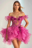 Fuchsia Floral Ruffled Off the Shoulder Short Cocktail Dress