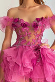 Fuchsia Floral Ruffled Off the Shoulder Short Cocktail Dress