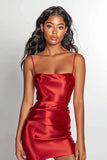 Red Satin Bodycon Spaghetti Straps Mini Cocktail Dress