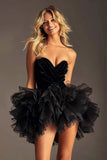 Sparkly Black Sweetheart Ruffled Velvet Mini Cocktail Dress