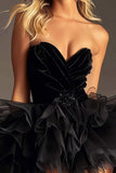 Sparkly Black Sweetheart Ruffled Velvet Mini Cocktail Dress