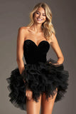 Black Tulle A Line Tiered Sweetheart Mini Cocktail Dress