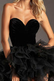 Black Tulle A Line Tiered Sweetheart Mini Cocktail Dress