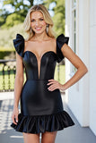 Black Satin Ruffled Bodycon Mini Cocktail Dress