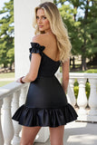 Black Satin Ruffled Bodycon Mini Cocktail Dress