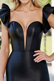 Black Satin Ruffled Bodycon Mini Cocktail Dress