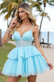 Light Blue Corset Tiered A Line Short Cocktail Dress