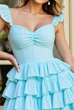 Light Blue A Line Tiered Ruffled Short Cocktail Dress