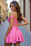 Sparkly Fuchsia Cold Shoulder Corset Short Cocktail Dress