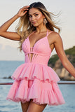 Pink Corset Tulle A Line Short Cocktail Dress with Ruffles