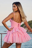 Pink Corset Tulle A Line Short Cocktail Dress with Ruffles