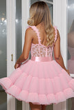 Light Pink A Line Tulle Corset Short Cocktail Dress with Lace