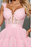 Light Pink A Line Tulle Corset Short Cocktail Dress with Lace
