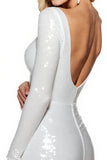 Sparkly White Sequins V Neck Bodycon Long Sleeves Short Graduation Dress