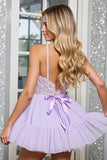 Lilac Organza Corset A Line Short Cocktail Dress with Lace